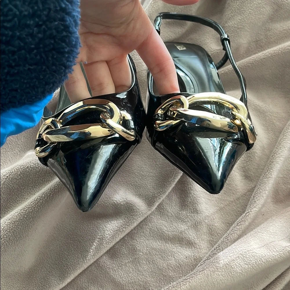 Zara Black Patent Slingback Heels with Gold Chain Accent - Picture 8 of 8